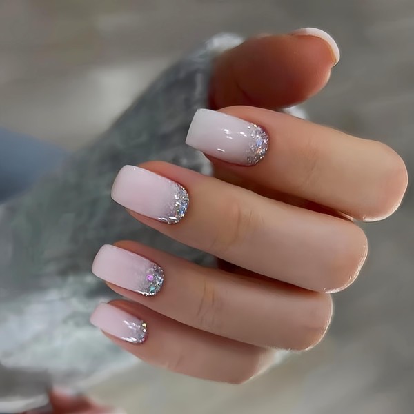 Pink False Nails Medium Short Square, SXVME Glitter Press on