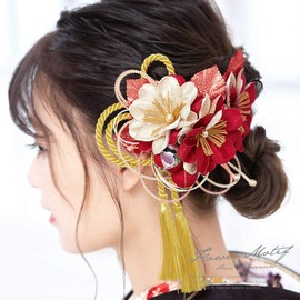 Soubien Coming of Age Ceremony, Hair Ornament, Graduation Ceremony, 2-Piece Set, Red, Gold, Cherry Blossom, Cherry Blossom, Corsage, Braid, Ball Decoration, Comb Type, U-Pin Type, Graduation Ceremony,