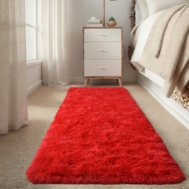 GREFFY Soft 2x4 Feet Area Rug, Modern Yellow Shag Carpet, Shaggy Plush Rugs for Bedroom, Indoor Nursery Dorm Bedside Fluffy Rug for Living Room, Fuzzy Teen Girls Aesthetic Home Decor, Red