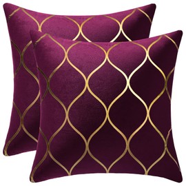 DEZENE Gold Velvet Throw Pillow Covers Purple: 2 Pack 16x16 Inch Square Decorative Pillow Cases for Bedroom Sofa Couch Living Room