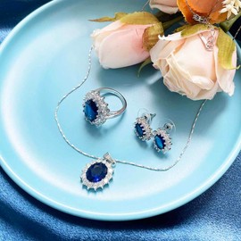 Resweky Drop Water Necklace Earrings Ring Set 3Pcs Crystal Sparkly Choker Necklaces Jewelry Set Pendant Necklace Accessories for Women (Blue)