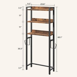 MAHANCRIS Over The Toilet Storage Rack, 3 Tier Bathroom Organizer Over Toilet, Freestanding Space Saver Toilet Stand with 2 Hooks, Bathroom Storage Shelf, Easy to Assemble, Rustic Brown TSHR6001