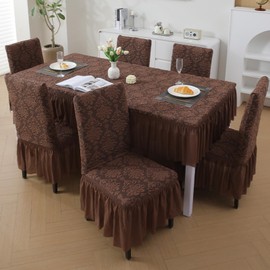 Rakila Set of 6 Jacquard Stretch Chair Covers with Skirt Washable Removable Chair Protector for Dining Kitchen (Coffee, 6 Pack)