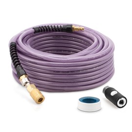 RayMagic Air Compressor Hose 1/4 Inch x 100 Feet Flexible Reinforced Polyurethane (PU) Air Hose 300PSI With Brass Fittings, Strain Reliefs, 1/4" 360 Swivel Coupler and Plug, Safety Coupler, Purple