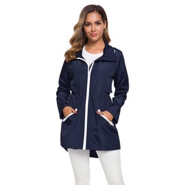 Avoogue Womens Windbreaker Jacket With Hood Waterproof Water Resistant Lightweight Anorak Navy Blue Xl