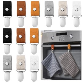 Zonon 12 Pcs Leather Towel Clips for Kitchen Hanging Tea Towel Holder with Ring for Kitchen Bathroom Oven Handle Dishwasher Cabinets Stoves Rods or Racks