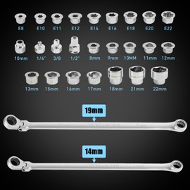 LOSCHEN 27pcs Extra Long Metric Flex-Head Ratcheting Wrench Double Box End Combination Wrench Set with 72 Teeth, Chrome Vanadium Steel Tubing Ratchet Spanner（US and European Patents）