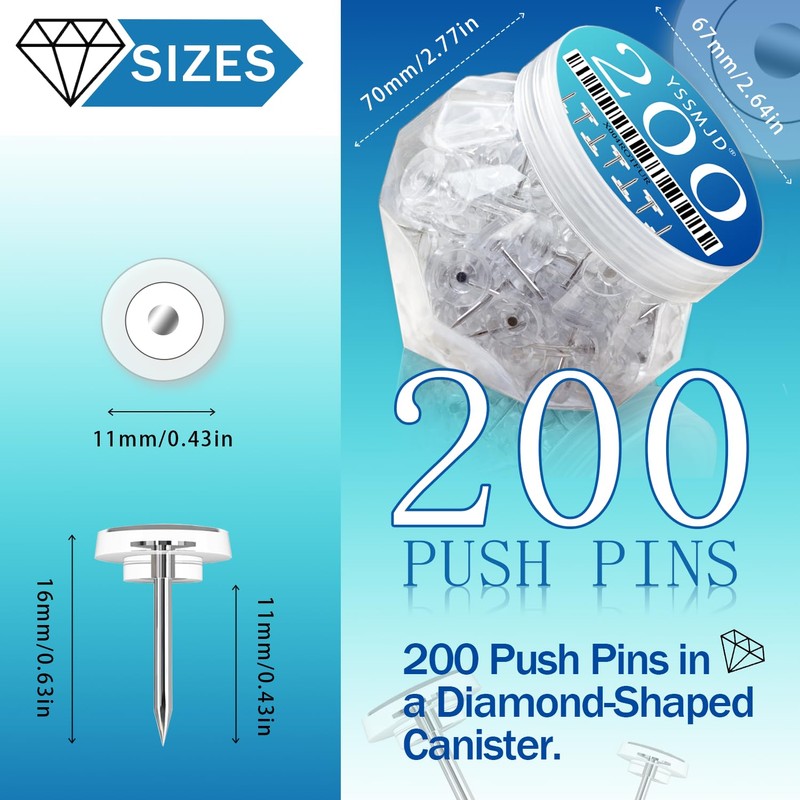 200 Pcs Clear Push Pins Tacks Count in Diamond-Shaped Can