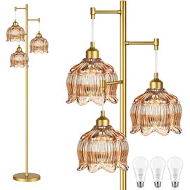 ILLMTW Gold Floor Lamp for Living Room,Bedroom,Mid Century Modern Standing Lamp Brass Tree 3 Light Tall Floor Lamps Vintage Retro Floor Lights Glass Amber Flower Lamp Shade Farmhouse Boho Bohemian