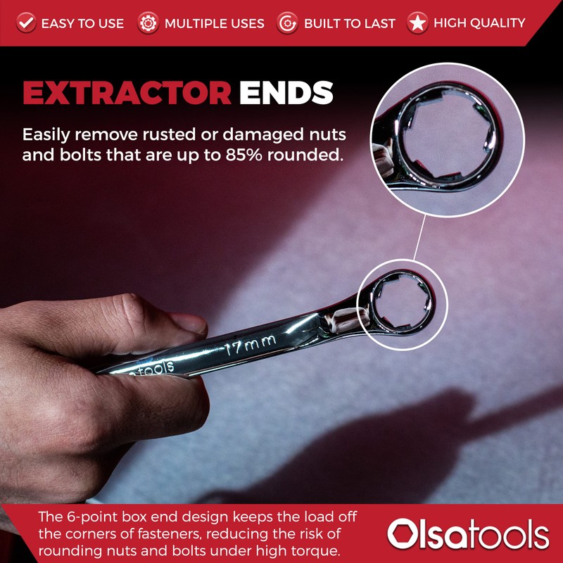 Olsa Tools Bolt Extractor Offset Wrench Set - 7pc Rounded
