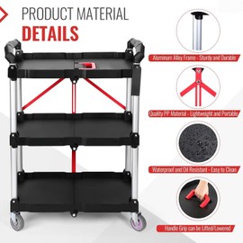 Foldable Utility Cart Heavy Duty 176 LBS Folding Service Cart w/ 360° Swivel Wheels Ergonomic Red Handle for Office Garage Home Kitchen Storage