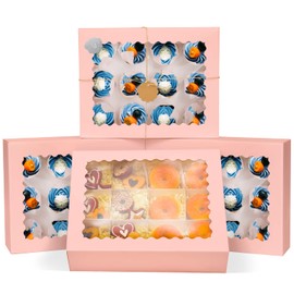 qiqee Pink 12 Cupcake Boxes with Window 21-Packs Cupcake Box 13"x10"x3.5" Cupcakes Carrier, 12 Cupcake Containers