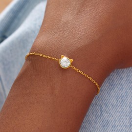 STORYJEWELLERY Sterling Silver Cat Bracelet for Women, 18K Gold Plated April Birthstone Bracelet, Cute Charm Bracelets, Perfect Gifts for Graduation, Birthday Gifts for Girlfriend
