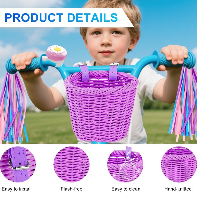 Fouvin Children's Bicycle Basket, Braided, Front, Removable, with Bells, Streamers,