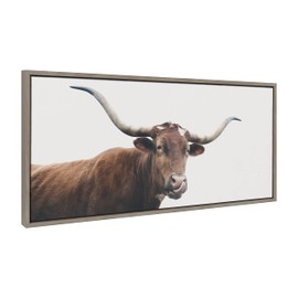 Kate and Laurel Sylvie Texas Longhorn Cow Lick Framed Canvas Wall Art by The Creative Bunch Studio, 18 x 40, Gray, Oversized Farmhouse Animal Art