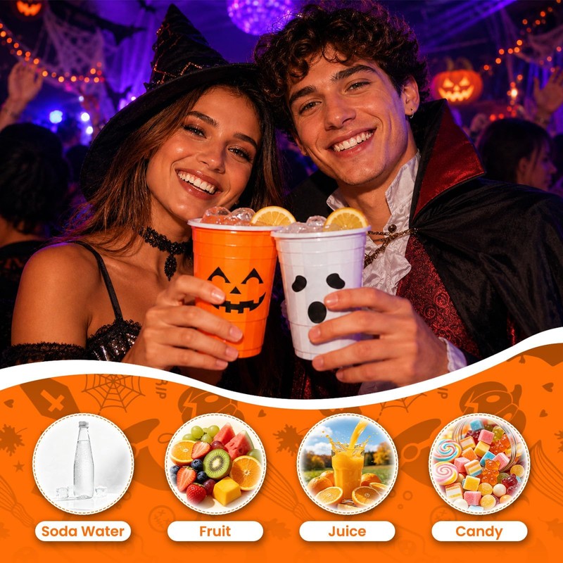 100 Pack 16oz Halloween Plastic Cups - Orange & White