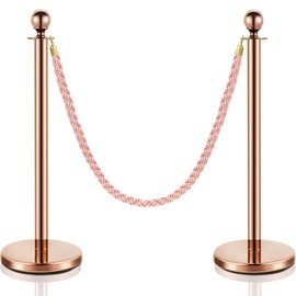 Ferraycle 2 Pcs Rose Gold Stainless Steel Stanchion Post Queue for Party Wedding Red Carpet Ropes and Poles Post Sand Injection Hollow Base with 5 ft Braided Ropes Crowd Control Barriers