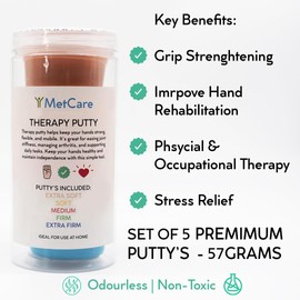 MetCare Therapy Putty 5 Strengths – Extra Soft, Soft, Medium, Firm, Extra Firm for Hand Rehabilitation & Strengthening – Non-Toxic, Colour-Coded Tubs, 57g
