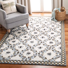 Safavieh Chelsea Collection HK55G Hand-Hooked French Country Wool Area Rug, 5'3" x 8'3", Ivory / Blue