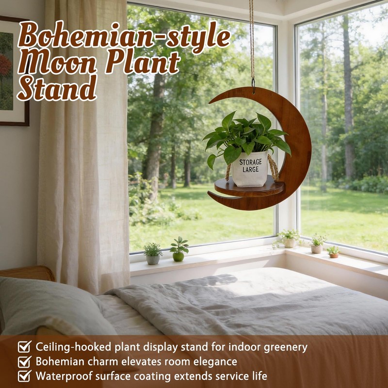 Moon - Shaped Wooden Hanging Plant Stand, Nordic Modern Window