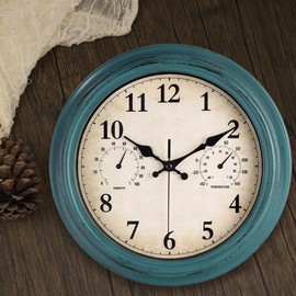 JoFomp Outdoor Clocks for Patio, Large 12 inch Outside Wall Clock Waterproof with Thermometer and Hygrometer Combo, Round Silent Battery Operated Wall Clock for Home, Pool, Garden