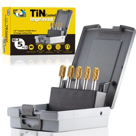 SC-3 5pcs Tungsten Carbide Burr TiN Rotary File Cylindrical Ball Nose End Shape Double Cut for Die Grinder Drill Bits 1/4'' Inch Shank and 3/8'' Inch Diameter of Cutter 3/4'' Inch Cutter Length