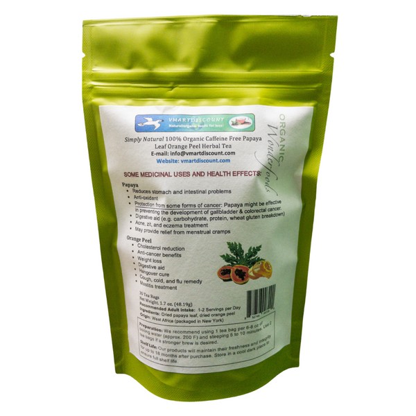 Papaya Leaf Orange Peel Herbal Tea, 30 Tea Bags, All Natural, Caffeine-Free