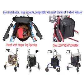 3 Wheel rollator Storage Bag,Bag for 3 Wheel Walker,Pouch Bag for 3 Wheeled Rollator Walker, 3-Wheel Walker Bag,Tote Bag with Snaps,3 Wheel rollator Universal Replacement Part.(1Ea,Black)