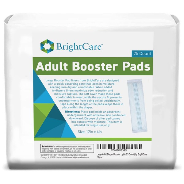 Adult Diaper Booster Pad Liner Insert with Adhesive for Men or Women (Large Size) - 16 Ounce Absorbent Day and Night Doubler (25 Count) by BrightCare