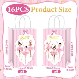 16Pcs Ballerina Party Favor Bags Ballerina Birthday Decorations Ballet Theme Candy Goodie Bags with Handles Pink Dancing Girl Gift Paper Bag for Girls Birthday Baby Shower Wedding Party Supplies