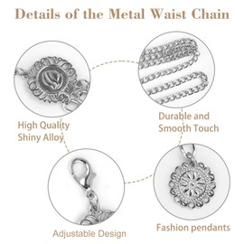 Gold Chain Belt for Women, Metal Waist Chain Link Belts for Dresses, Jumpsuit, Jeans, or Pirate Costume Accessories, Silver, S