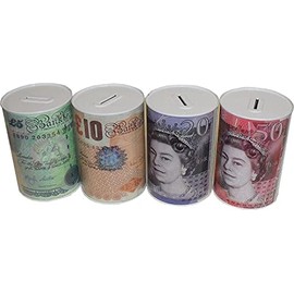 £5 £10 £20 and £50 Novelty Money Saving Tin, 1 Sent At Random. 10 x 15cm In Size. Novelty gift.