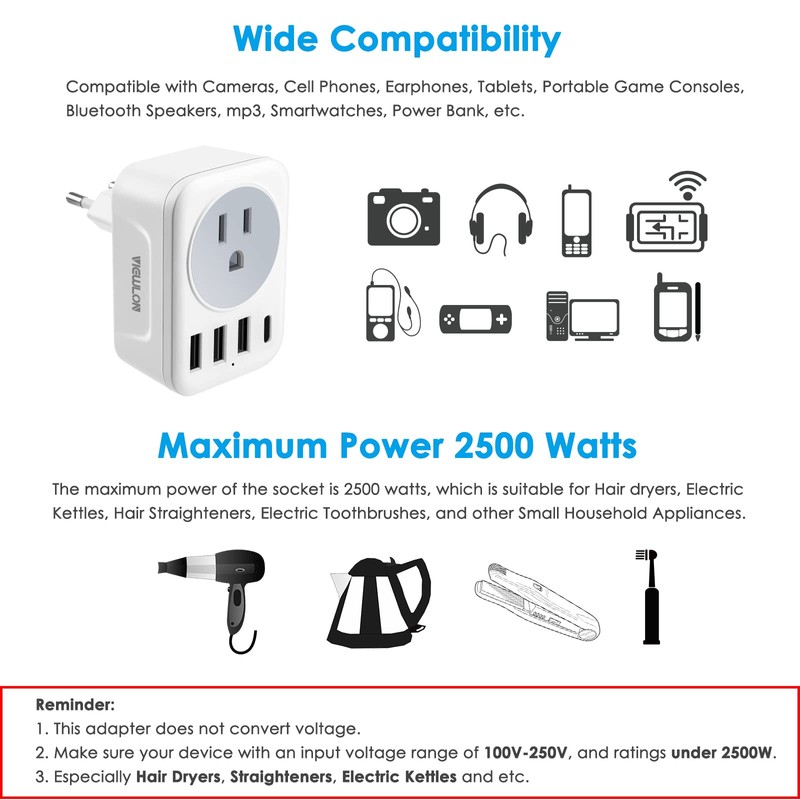 VIEWLON European Plug Adapter Canada US to Europe Travel Essentials,