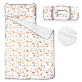 Toddler Nap Mat with Removable Pillow & Soft Minky Blanket, HNHUAMING Extra Large Rolled Napping Mats for Boys & Girls, Kids Slumber Bags for Daycare, Preschool Travel Camping, Animals