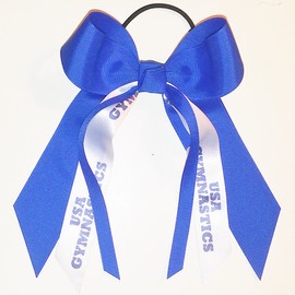 Gymnastics Hair Bow, Many Colors Avail, Made in the USA, USA Gymnastics, Blue Ink, Black Pony Band (Royal)