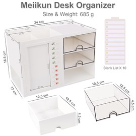 Meiikun Desk Organizer, Pencil Holder with Built in Schedule, Pen Holder Desk Organizers and Storage with 4 Sections & 4 Drawers, Drawer Organizer for Office Stationary Organizer Makeup (White)