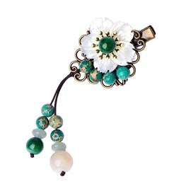 MIAO WU Japanese Women Kimono Flower Hair Clip, Natural Jade Vintage Flower Hair Pin with Tassel Hanfu Jewelry Hair Accessories, Cosplay Headwear Hair Clips Gift
