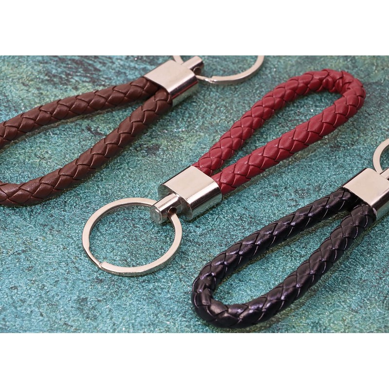 PPhtony Braided Leather Key Fob Car Keychain Ring Woven Strap