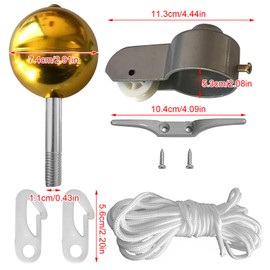 IGTOPS Flagpole Accessory Set, Flagpole Repair Kit, Flagpole Repair Parts Including Ball, Rope, Carabiner Hook for Flag, Cleat, Topper Made of Aluminium with Pulley, Flag Parts, Gold