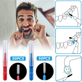 WEGREAT Interdental Brush Toothpicks: Pack of 100 Interdental Brushes, Interdental Brushes for Cleaning Between Teeth Teeth Cleaning Tool Blue and Red