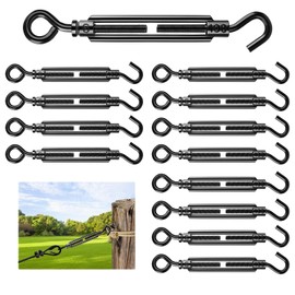 Premium Adjustable Black Turnbuckle Tensioner, 12PCS M6 Hook & Eye Turnbuckles for Cables Wire Tightening up Wire Rope for Shade Sail Fence Tent Picture Hanging Hardware Kit Installation