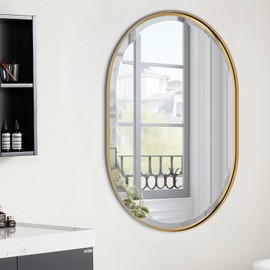 POZINO Oval Mirror Over Sink, Brushed Gold Beveled Mirror, 24"x36" Bathroom Vanity Mirrors with Stainless Steel Frame, Brass Oblong Wall Mirrors for Bedroom Living Room, Hangs Horizontal Or Vertical
