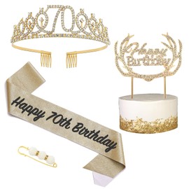 POPOYU 70th Birthday Tiara and Sash,Gold 70th Birthday Crown,Birthday Queen Sash,Sweet 70 Birthday& Sash for for Her Women Birthdays Accessories Gifts Party Costume Decoration