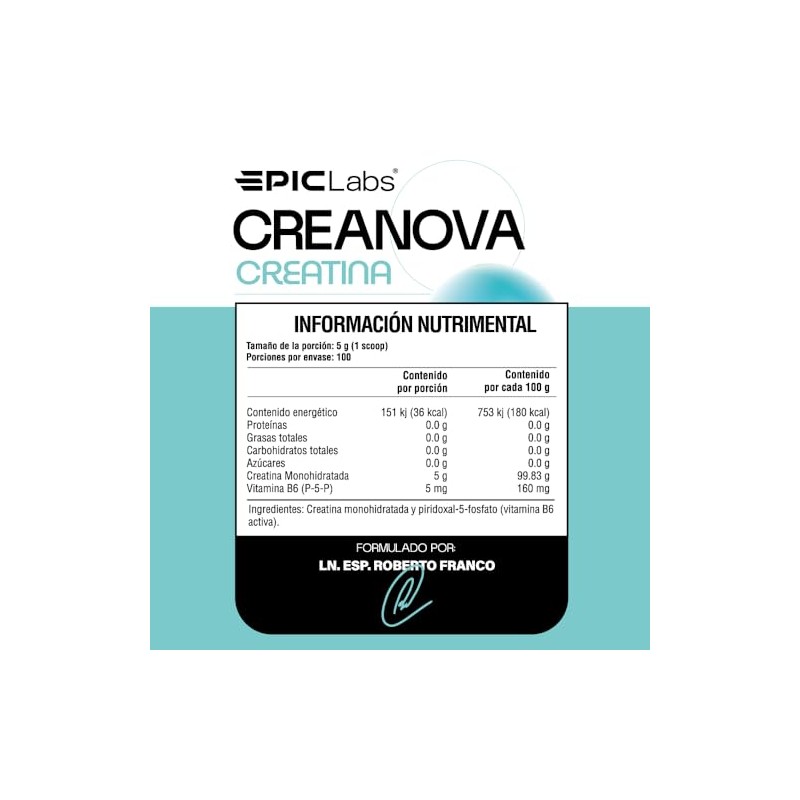 Epic Labs CreaNova® Creatina Monohidratada con Vitamina B6, Alta Pureza,