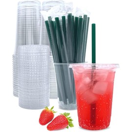 20 oz Clear Plastic Cups with Lids and Straws, Disposable Coffee Cups 25 Sets - Item Quantity: 25, Style: 32 oz Cups