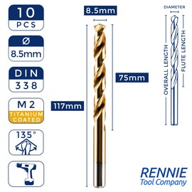 Box of 10 x 8.5mm HSS M2 Fully Ground Jobber Drill Bit Tin Titanium Nitride Coated DIN338 Standard (8.5mm x 117mm)