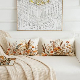 HOMFREEST Fall Flowers Throw Pillow Covers 12x20 Inch Set of 2 Farmhouse Seasonal Autumn Floral Decorative Pillows Thanksgiving Harvest Outdoor Cushion Cases for Sofa Couch