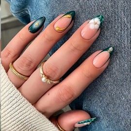 Press on Nails Medium Almond Fake Nails with Flower and Gold Charm Designs Stick on Nails for Women 24 Pcs (Green-7, M-7)