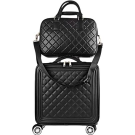 feilario 18in 2 Piece Set Travel Leather Softside Carry On Luggage Double Spinner Wheels Checked Suitcase-black