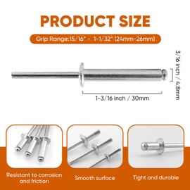 ALLCLEAN 100 Pcs 3/16" x 1-3/16" Aluminum Blind Rivets,4.8 x 30mm Pop Rivets,Aluminum Grip and Steel Mandrel